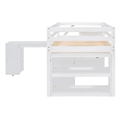 RORIGAT Twin Size Loft Bed with Desk, Storage Stairs & Shelves, White
