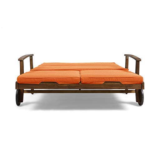 Great Deal Furniture GDFStudio Double Chaise Lounge Acacia Wood Teak Finish Orange Cushions