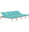 Modway Shore Aluminum Outdoor Patio Chaise Lounge Chairs with Cushions Silver Turquoise