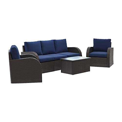CorLiving Brisbane Wicker/Rattan 6-Piece Conversation Set with Blue Cushions