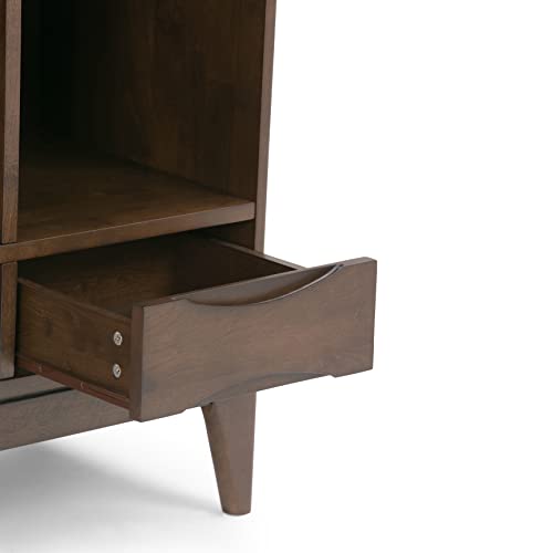 SIMPLIHOME Harper Solid Hardwood Mid Century Modern Cube Storage Bookcase with Drawers Walnut Brown