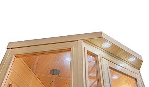 Heat Wave 3 Person Sauna Corner Fitting Infrared FIR FAR 7 Carbon Heaters Hemlock Wood MP3 Player 2 Speakers Color Therapy Light LED Control Panel Wood