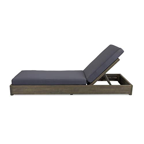 Christopher Knight Home Abraham Outdoor Acacia Wood Chaise Lounge with Cushion Set of 2 Gray Finish + Dark Gray