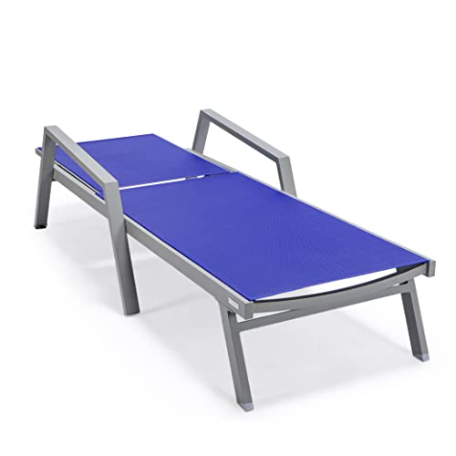 LeisureMod Marlin Grey Aluminum Outdoor Chaise Lounge Set with Fire Pit Table Navy Blue