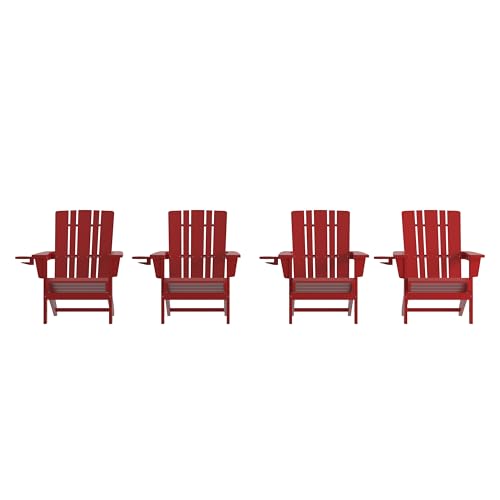 BizChair Adirondack Chairs Set of 4 with Cup Holders, Weather Resistant Poly Resin Red