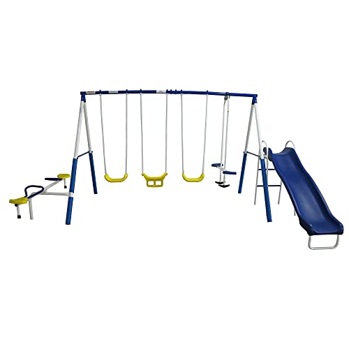 XDP RECREATION Kids Outdoor Playground Set with Glider, Slide, Swings & Seesaw Blue/White