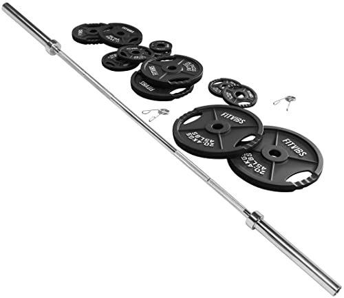 Signature Fitness Cast Iron Olympic 2-Inch Weight Plates + 7FT Olympic Barbell 300LB Set with Barbell