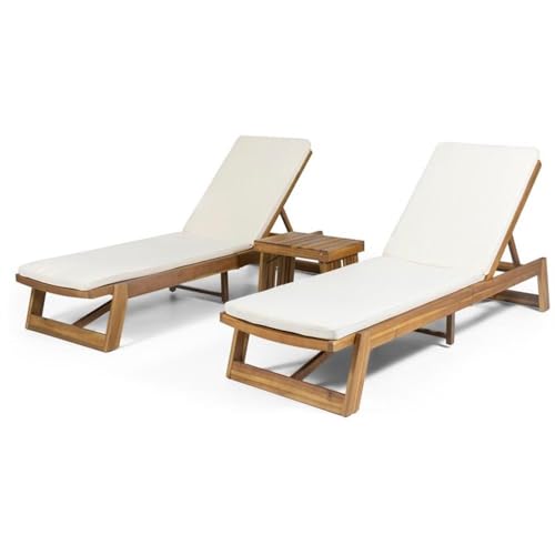 Noble House Kyoto Outdoor Wood 3-Pc Chaise Lounge Set with Cushion Cream