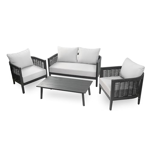 Merax 4-Piece Outdoor Acacia Wood Wicker Conversation Set Grey