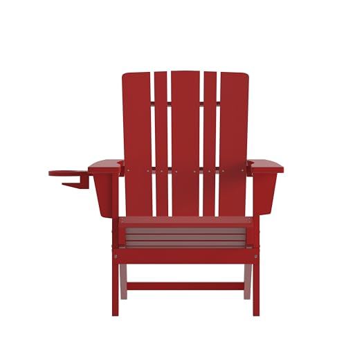 BizChair Adirondack Chairs Set of 4 with Cup Holders, Weather Resistant Poly Resin Red