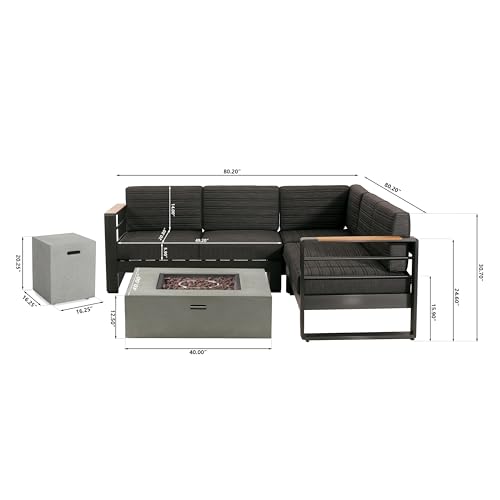 Christopher Knight Home Giovanna V Shape Sofa Set with Fire Pit, 5-Piece Outdoor Conversation Set, Black