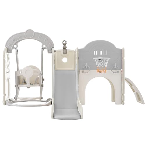 Miscoos 7-in-1 Toddler Playset with Slide, Swing & Basketball Hoop Gray+White