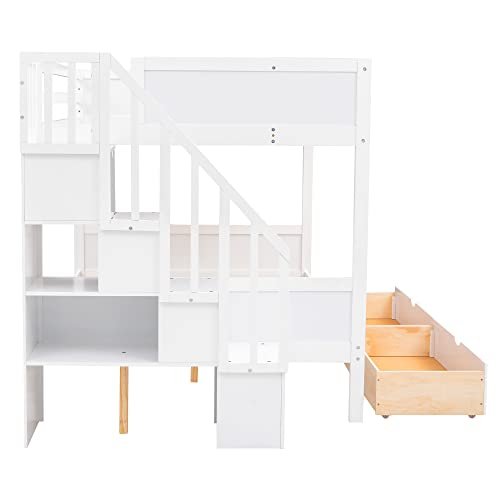 BOVZA Twin Over Full Bunk Bed with Storage Shelves and Staircase White