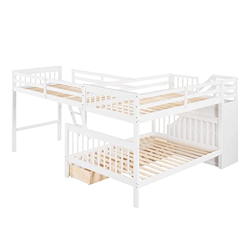 DRELOFT L-Shaped Twin Bunk Bed with Storage Drawers White