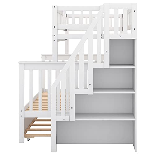 BOVZA Wooden Twin Over Full Bunk Bed with Trundle & Storage Staircase White