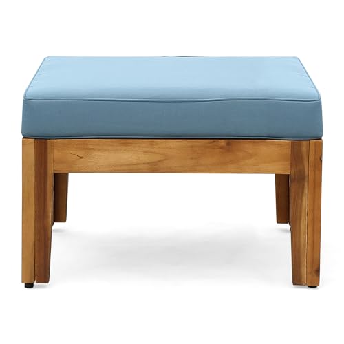 Christopher Knight Home Grena Outdoor Acacia Wood 4-Seater Sectional Set with Ottoman and Coffee Table Teak + Blue