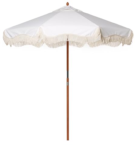 Business & Pleasure Co. Market Umbrella 7' Antique White Boho Fringe Outdoor Patio Umbrella