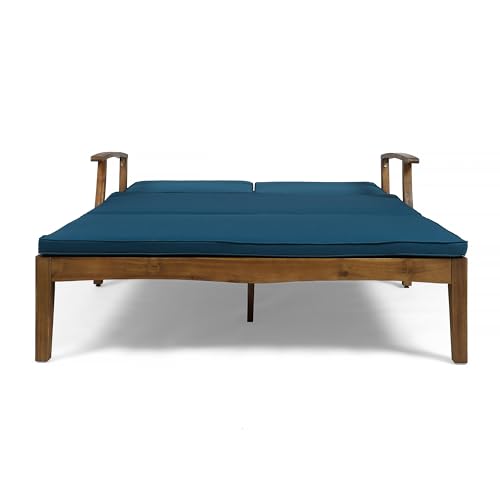 Benzara Hoye Double Chaise Lounger Recliner Bed Outdoor 79 Inch Teak Brown and Green