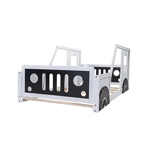Winwee Twin Car-Shaped Platform Bed Frame with Wheels, White