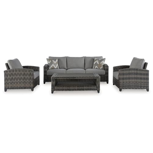 Signature Design by Ashley Oasis Court Outdoor Sofa Chair Table Set 4-Piece with Cushions and Pillows Grey