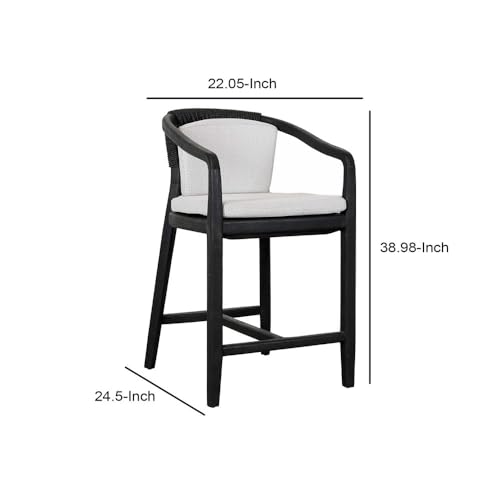 Benzara 25 Inch Outdoor Counter Stool Chair Woven Olefin Fabric Teak Black and Gray
