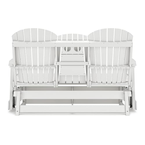 Benzara Sami 67 Inch Outdoor Adirondack Glider Loveseat with Dropdown Cupholders White