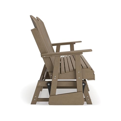 Benzara 67 Inch Outdoor Adirondack Glider Loveseat with Dropdown Cupholders Brown
