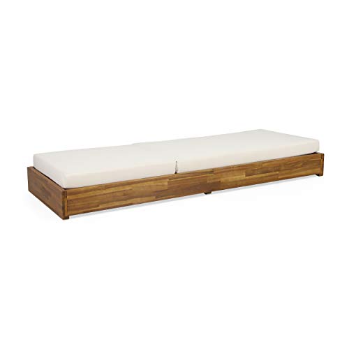 Christopher Knight Home Abraham Outdoor Acacia Wood Chaise Lounge Set of 2 Teak Finish + Cream