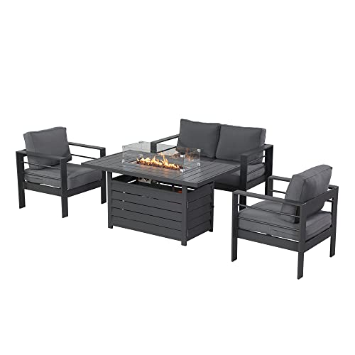 Wisteria Lane 4-Piece Aluminum Patio Furniture Set with 54-Inch Propane Fire Pit Table Dark Grey