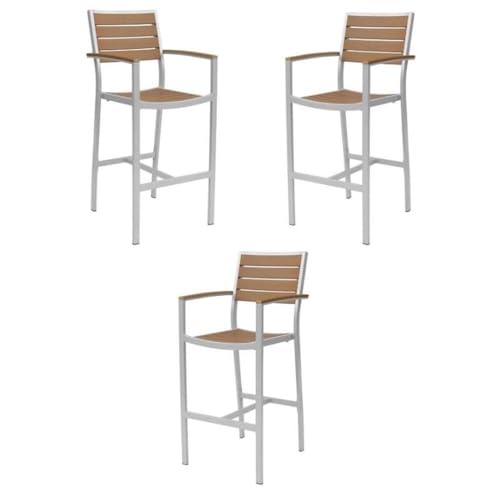Home Square Aluminum Patio Bar Stool Set of 3 Silver Frame & Teak Seat