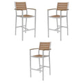 Home Square Aluminum Patio Bar Stool Set of 3 Silver Frame & Teak Seat