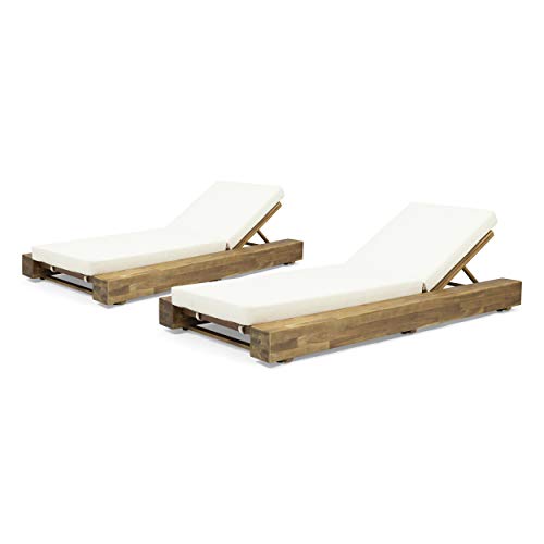 Great Deal Furniture GDFStudio Outdoor Acacia Wood Chaise Lounge Set of 2 Sandblast Teak Finish, Cream