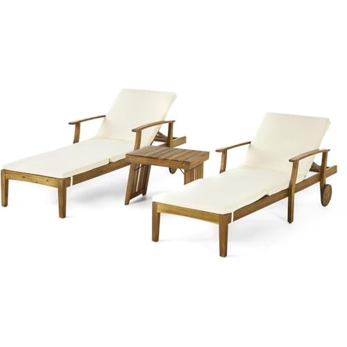 Noble House Perla Outdoor Wood 3-Pc Chaise Lounge Set with Cushion Cream