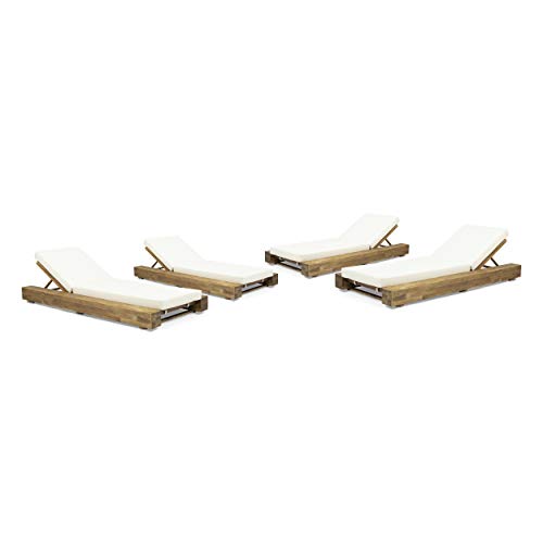 Great Deal Furniture Outdoor Acacia Wood Chaise Lounge Set of 4 Sandblast Teak Finish, Cream