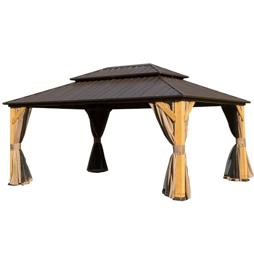 LOPOO Cedar Wood Gazebo with Hardtop, Netting & Curtains Brown