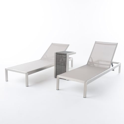 Christopher Knight Home Cape Coral Outdoor Mesh Chaise Lounge Set with Wicker End Table Gray + Silver