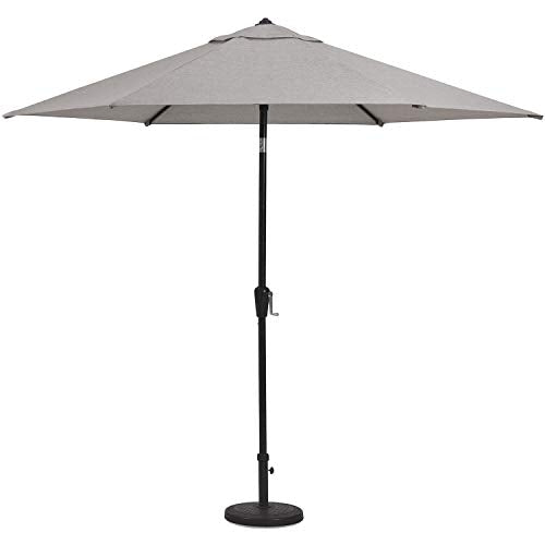 Hanover Lavallette 5-Piece Outdoor Dining Set with Umbrella, 4 Swivel Rocker Chairs, 52'' Glass-Top Table, Weather Resistant Silver