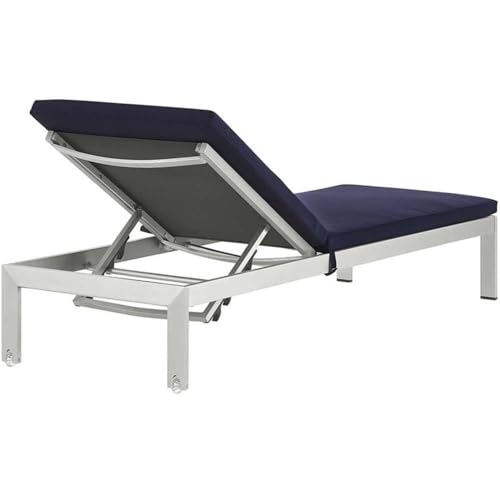 Modway Shore Aluminum Outdoor Patio Chaise Lounge Chairs with Cushions Silver Navy