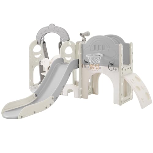 CUAUC 7-in-1 Toddler Slide & Swing Set with Basketball Hoop Grey+White