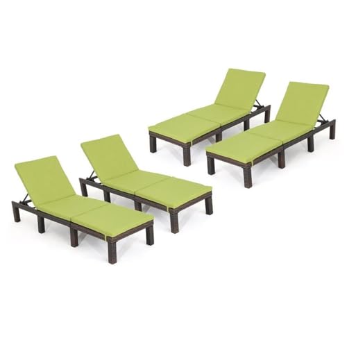 Noble House Jamaica Multi-Brown Wicker Chaise Lounge with Green Cushion (Set of 4)