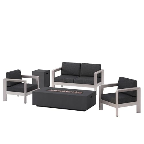 Christopher Knight Home Pismo Outdoor 4-Seater Aluminum Conversation Set with Fire Pit Silver + Dark Gray