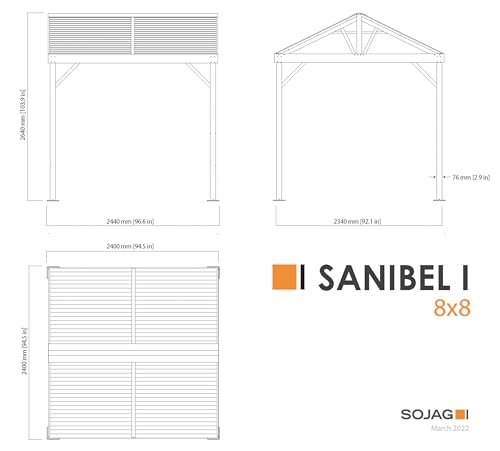 Sojag 8' x 8' Sanibel I Hardtop Gazebo Outdoor Weather-Resistant Aluminum Frame Light Grey