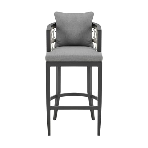 Benzara Hosa 30 Inch Outdoor Patio Barstool Chair Gray Aluminum Woven Rope Grey