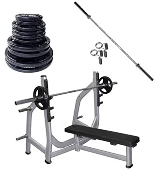 French Fitness Weight Plate Set w/ Olympic Bar 235 lbs + Bench Silver
