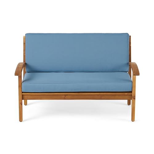 Benzara Outdoor Loveseat and Coffee Table Set Teak Brown and Blue