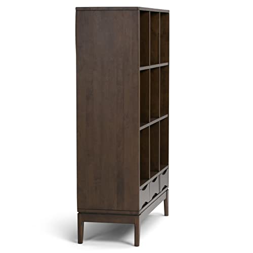SIMPLIHOME Harper Solid Hardwood Mid Century Modern Cube Storage Bookcase with Drawers Walnut Brown