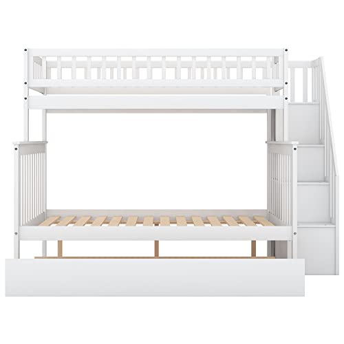 BOVZA Twin Over Full Bunk Bed with Trundle and Storage Stairs White