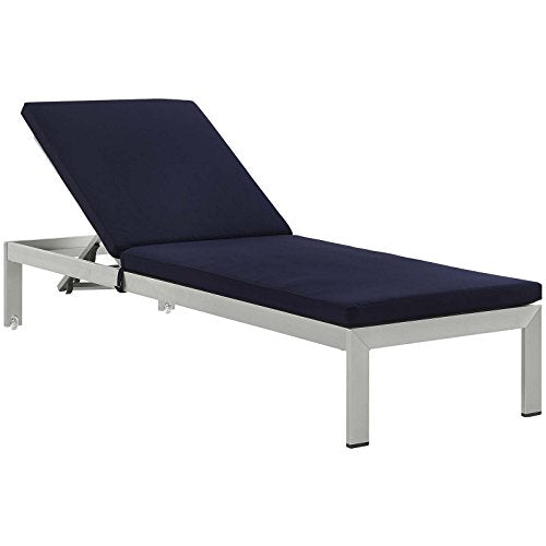 Modway Shore Aluminum Outdoor Patio Chaise Lounge Chairs with Cushions Silver Navy