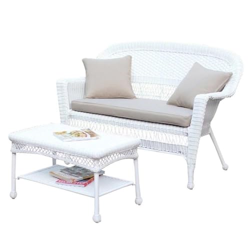 Jeco Wicker Patio Love Seat and Coffee Table Set with Tan Cushion White