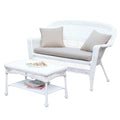 Jeco Wicker Patio Love Seat and Coffee Table Set with Tan Cushion White